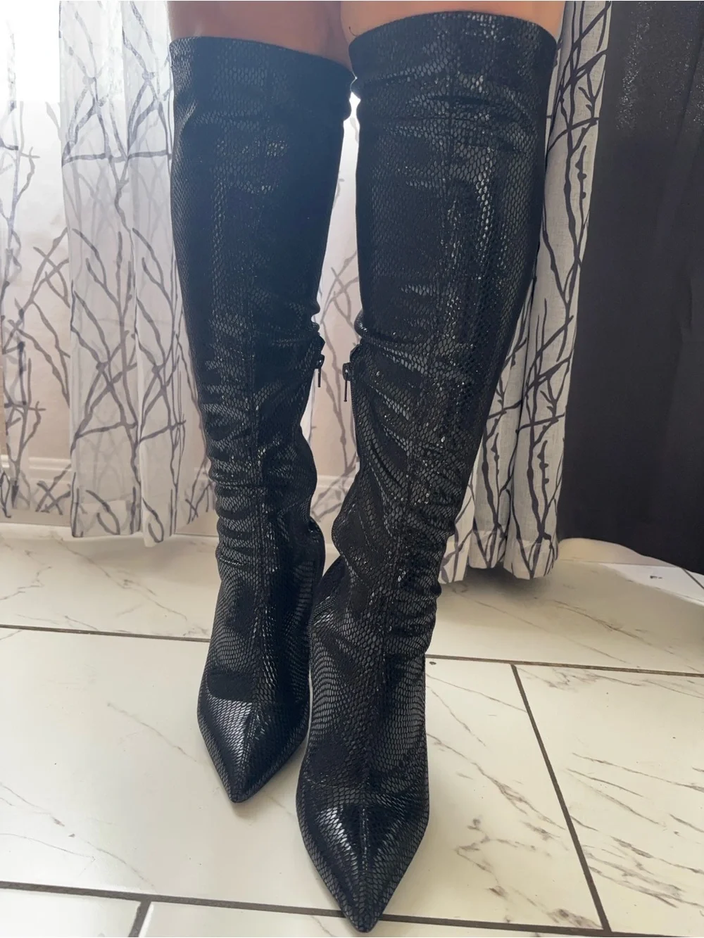 Black Knee High Pointed Toe Boots